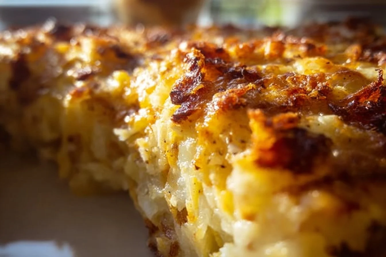 Delicious breakfast hashbrown casserole topped with cheese and crispy layers