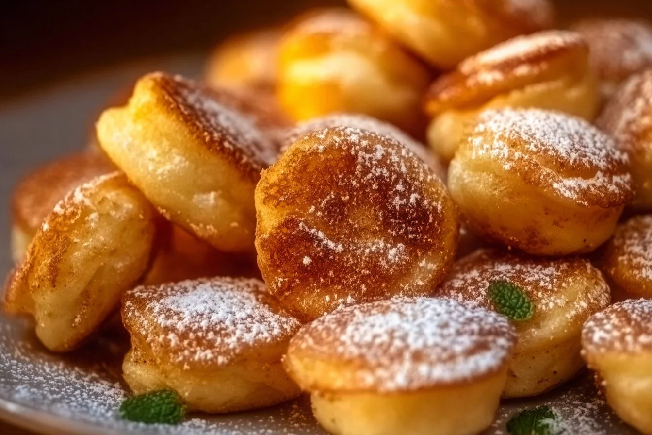 Breakfast pancake poppers served with fresh fruit and syrup.
