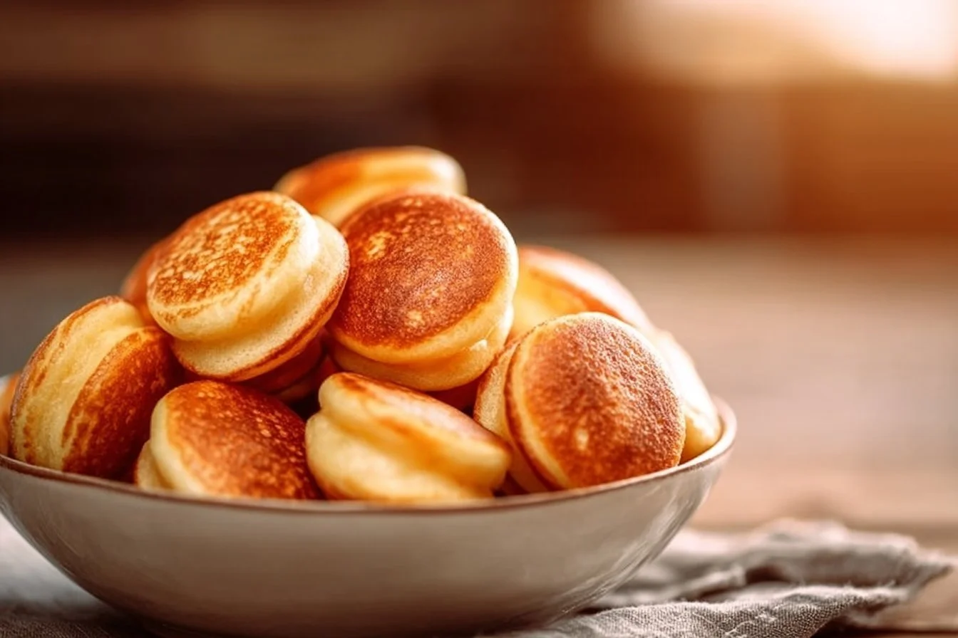 Breakfast pancake poppers served with syrup on a plate.