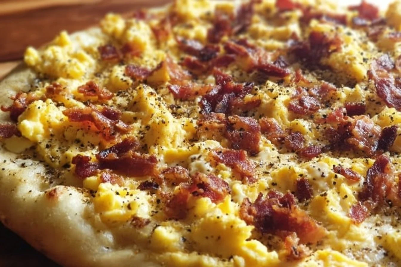 Delicious breakfast pizza loaded with eggs, cheese, and toppings.