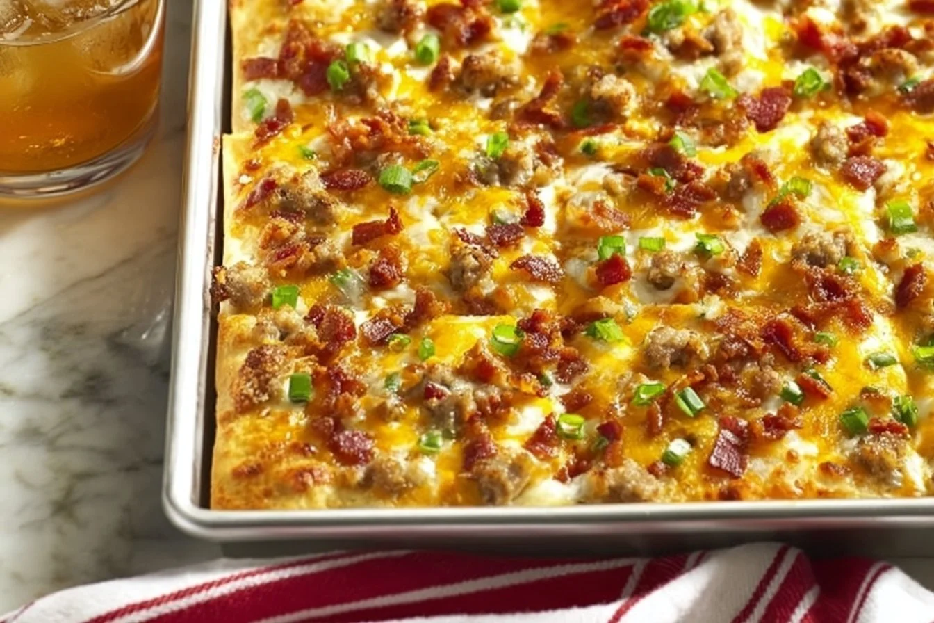Delicious breakfast pizza topped with eggs, cheese, and vegetables