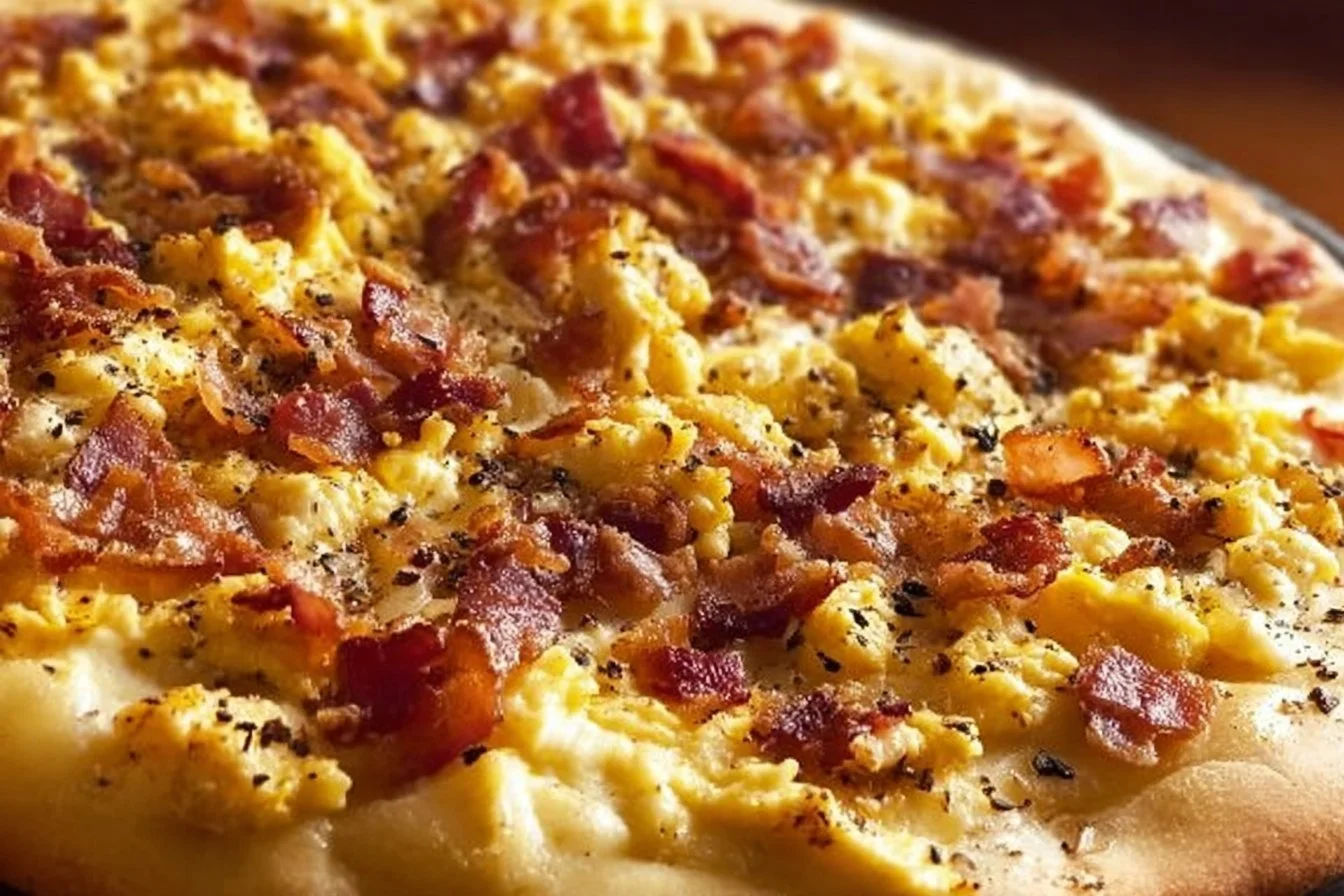 Delicious breakfast pizza topped with scrambled eggs and crispy bacon.