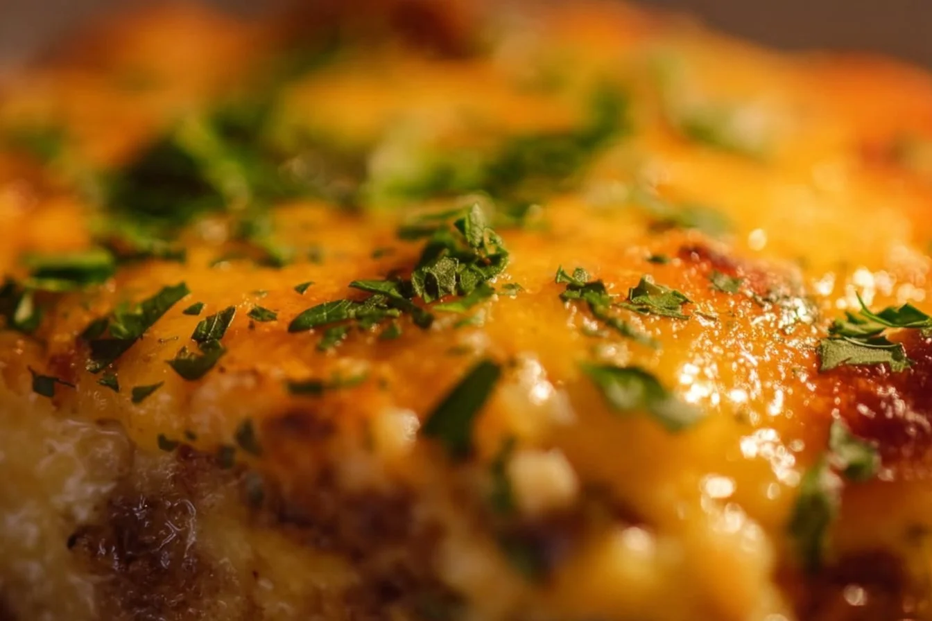 Delicious breakfast sausage casserole topped with cheese and herbs