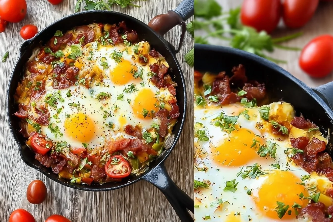 Delicious breakfast skillet with eggs, vegetables, and meat served in a pan
