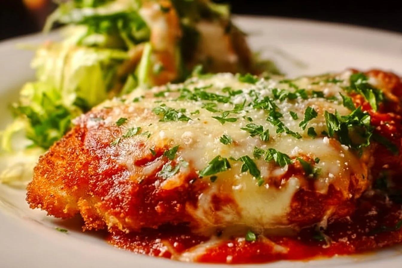 Delicious Cheesy Chicken Parmesan garnished with basil and served on a plate