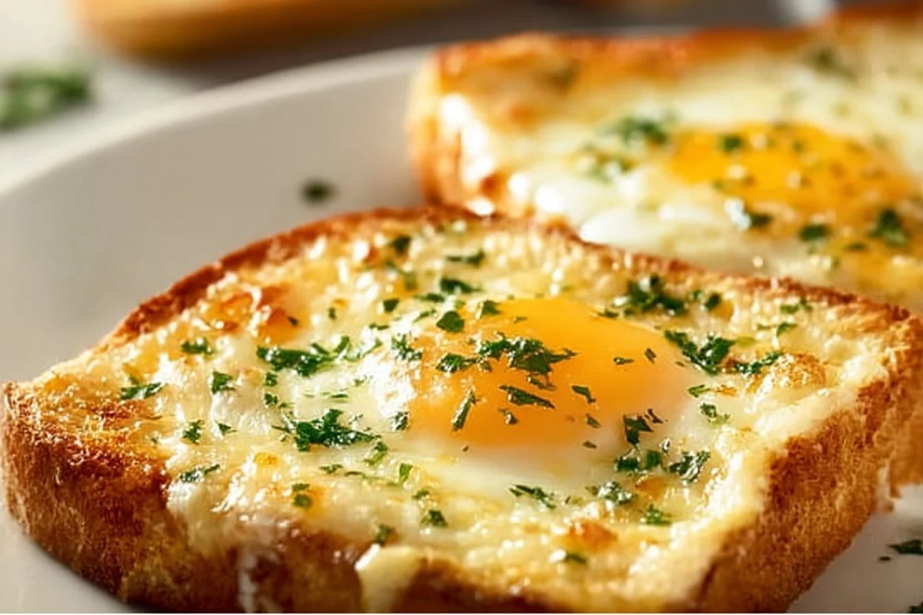 Delicious cheesy egg toast served on a plate with fresh herbs.