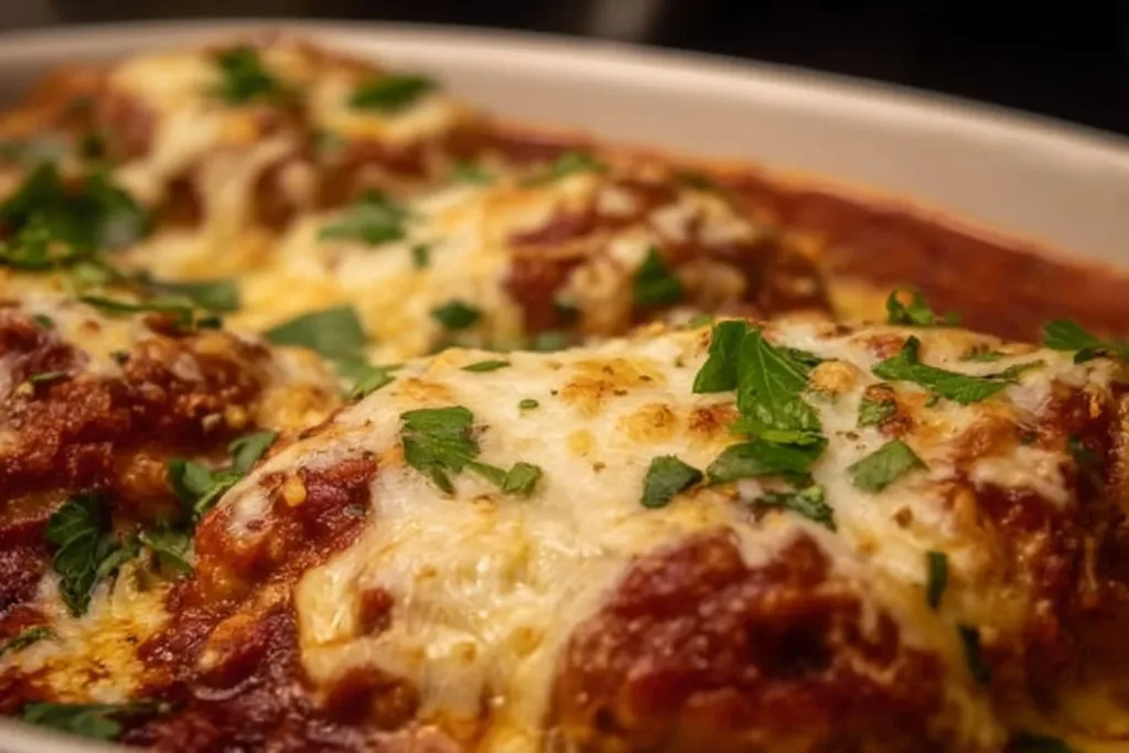 Cheesy Marinara Chicken Bake served with herbs and melted cheese