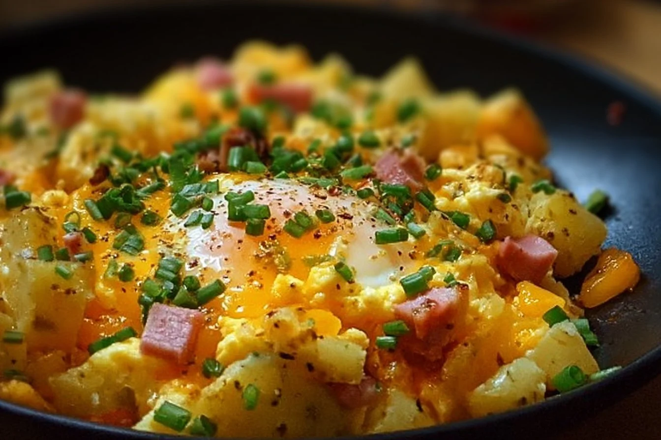 Cheesy Potato Egg Scramble served in a bowl, topped with fresh herbs.