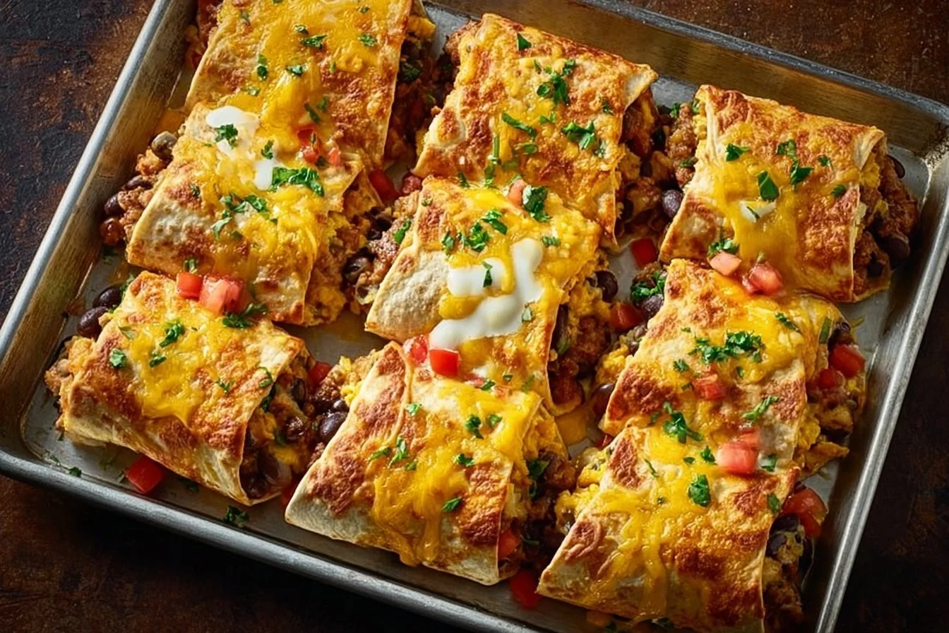 Cheesy Sheet Pan Breakfast Burritos ready to serve, filled with eggs and cheese