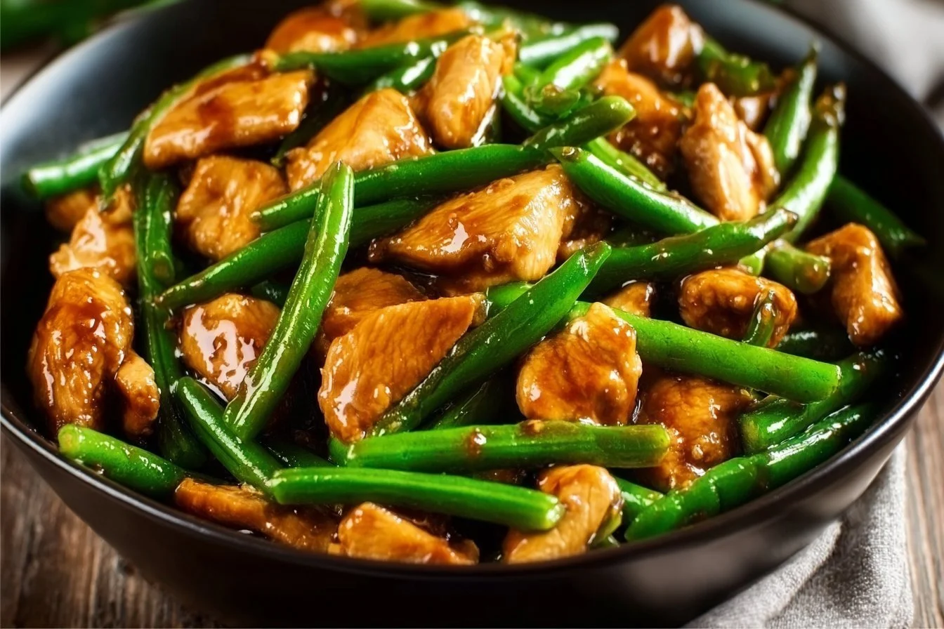 Chicken Breast and Green Beans chicken breast Grilled chicken breast served with fresh green beans on a plate.