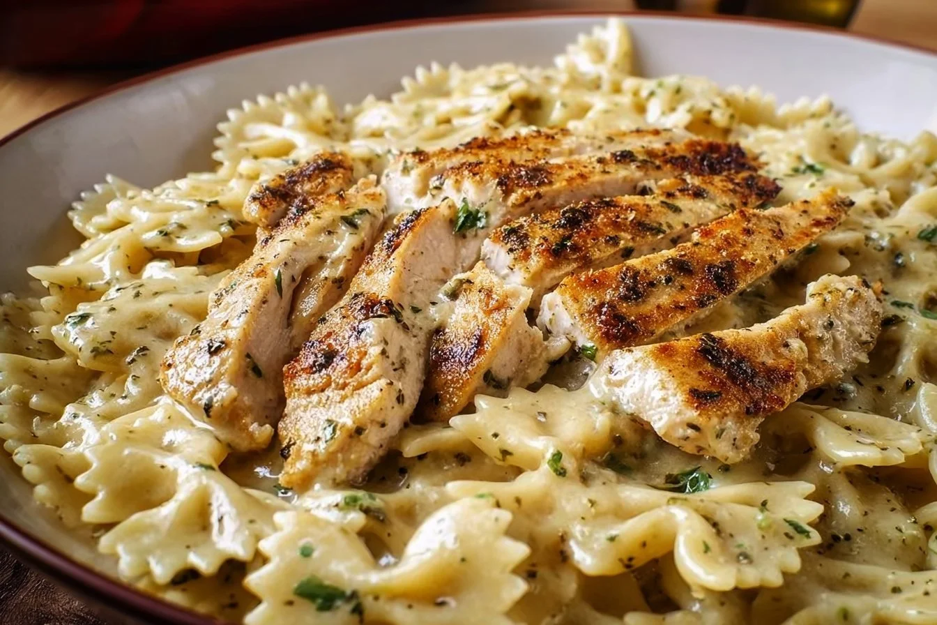 Creamy Chicken Garlic Parmesan Pasta garnished with parsley in a bowl