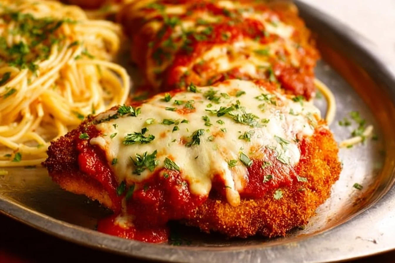 Delicious Chicken Parmesan with marinara sauce and melted cheese on a plate