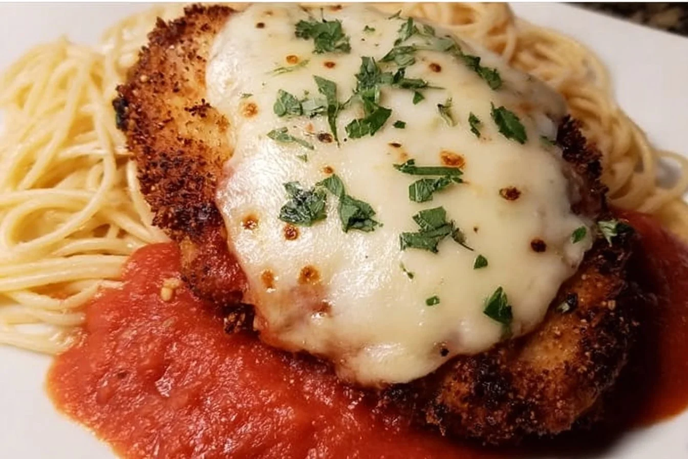 Plate of Chicken Parmesan garnished with fresh basil and served with pasta