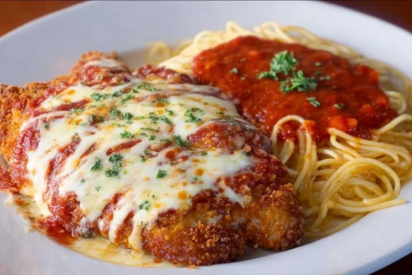 Delicious Chicken Parmesan topped with marinara sauce and melted cheese