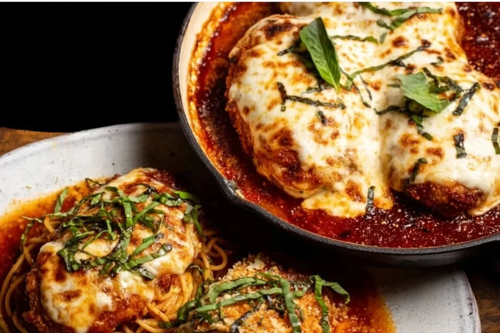 Delicious Chicken Parmesan with marinara sauce and melted cheese served on a plate.