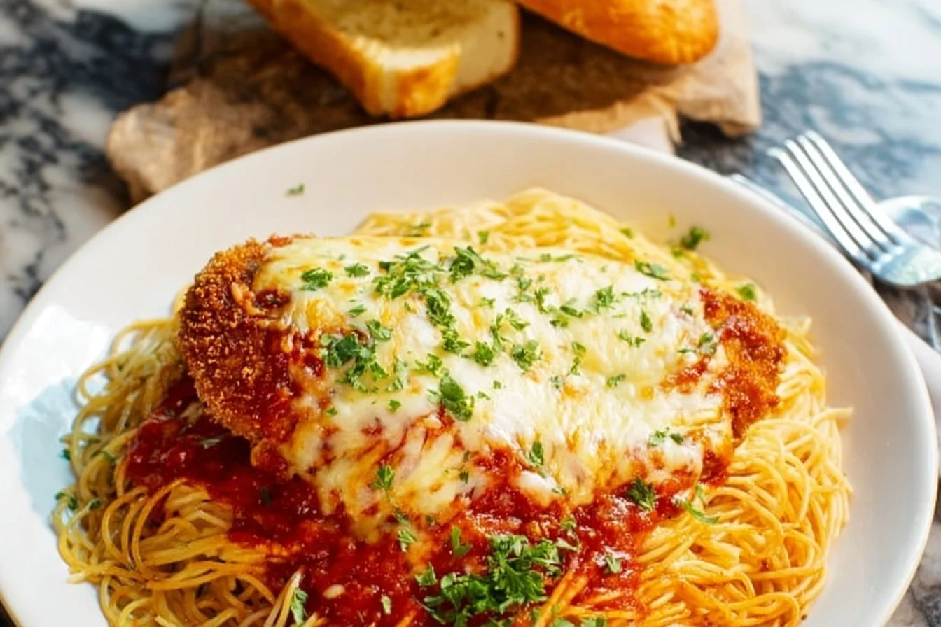 Delicious Chicken Parmesan topped with melted cheese and marinara sauce