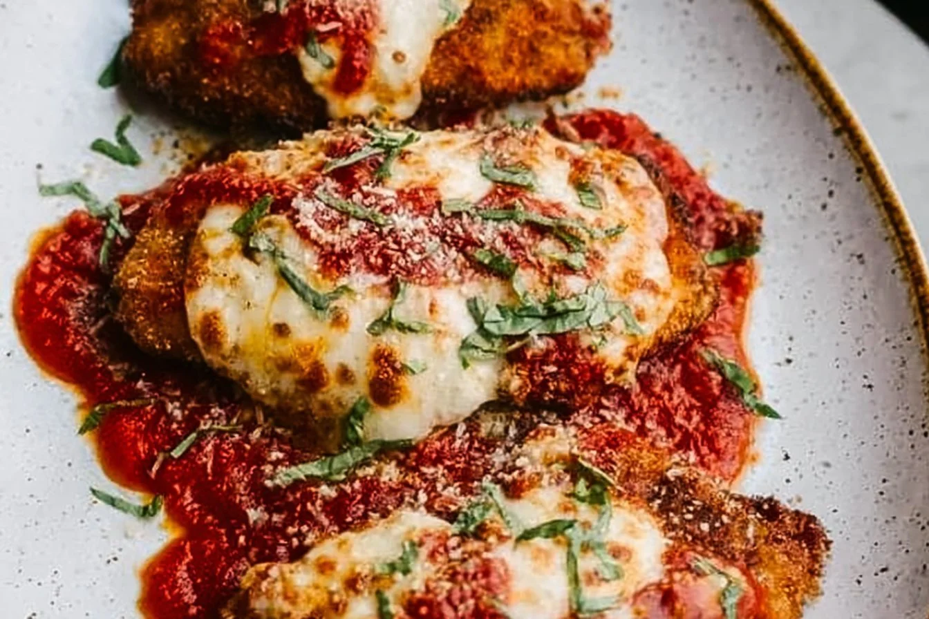 Delicious Chicken Parmesan served with marinara sauce and melted cheese