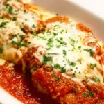 Chicken Parmesan with marinara sauce and melted cheese on a plate