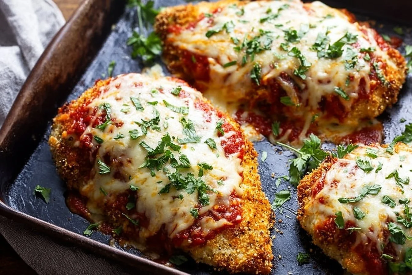 Chicken Parmesan Chicken Parmesan Delicious Chicken Parmesan with marinara sauce and melted cheese on a plate.