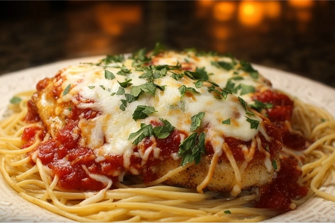 Delicious Chicken Parmesan with crispy chicken, marinara sauce, and cheese