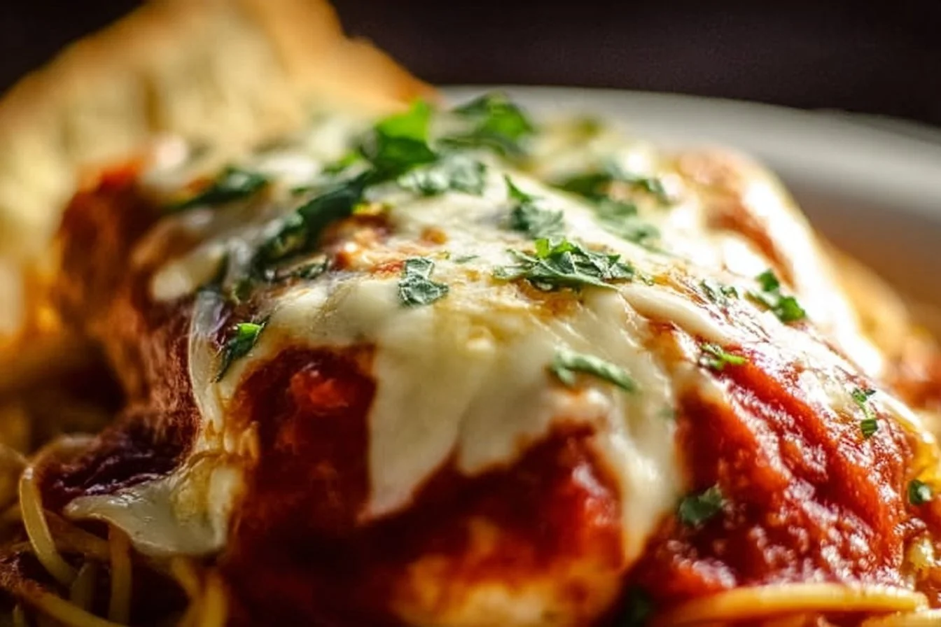 Delicious Chicken Parmesan served with marinara sauce and melted cheese