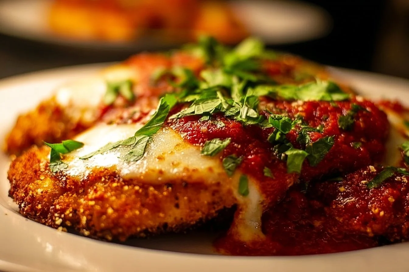 Delicious Chicken Parmesan topped with marinara sauce and melted cheese