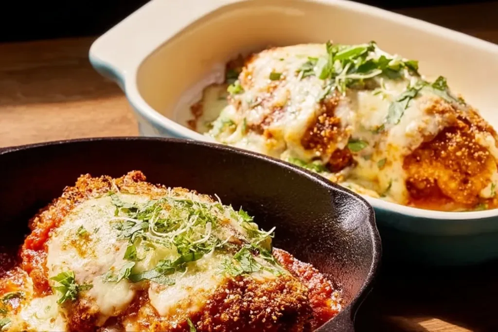 Plate of Chicken Parmesan with marinara sauce and melted cheese