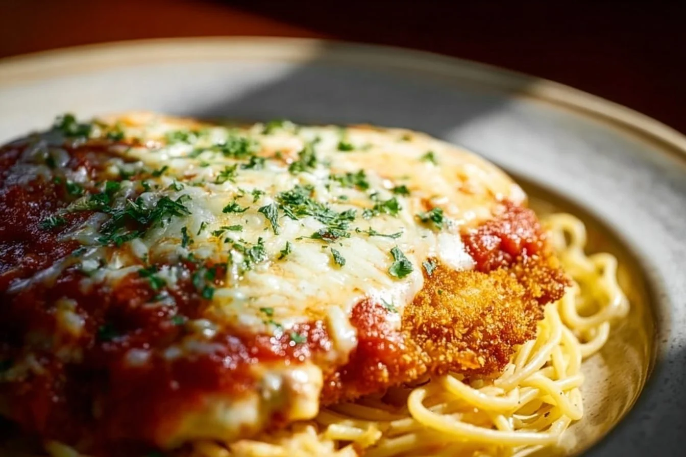 Delicious Chicken Parmesan topped with marinara sauce and melted cheese.