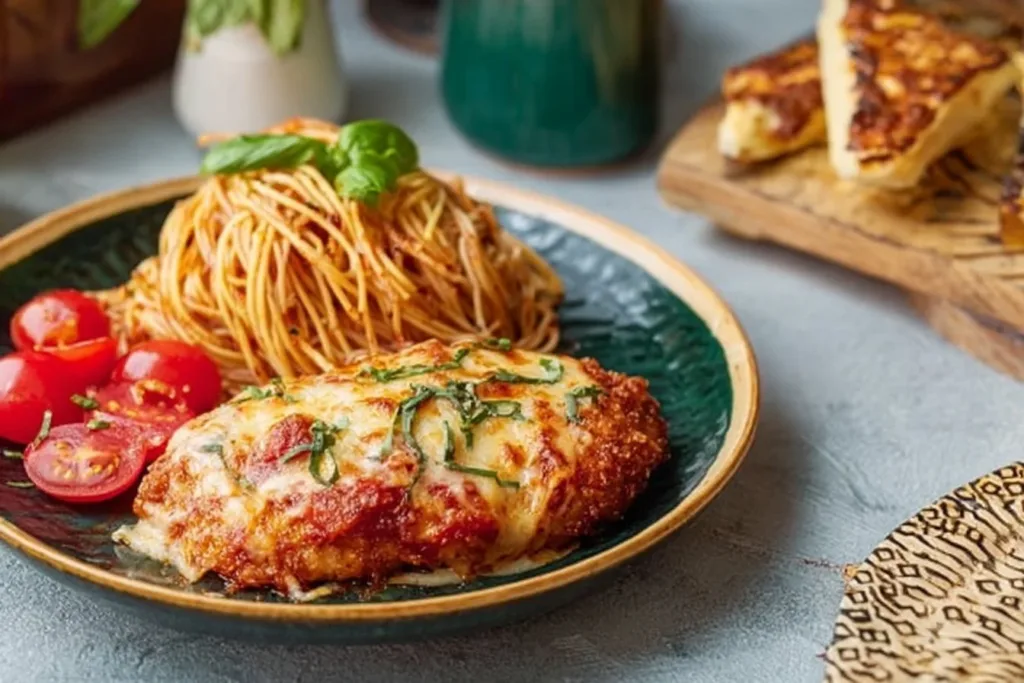 Delicious Chicken Parmesan served with pasta and marinara sauce