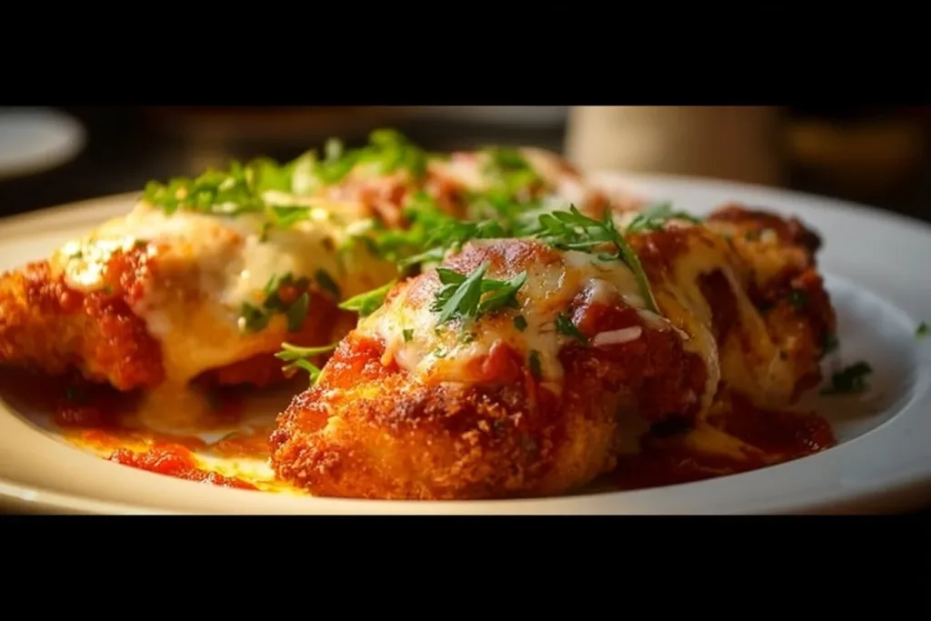 Delicious Chicken Parmesan served with marinara sauce and a sprinkle of basil.