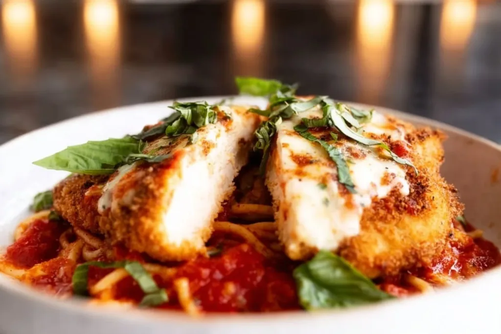 Delicious Chicken Parmesan dish with melted cheese and fresh basil on top
