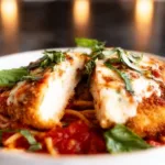 Delicious Chicken Parmesan dish with melted cheese and fresh basil on top