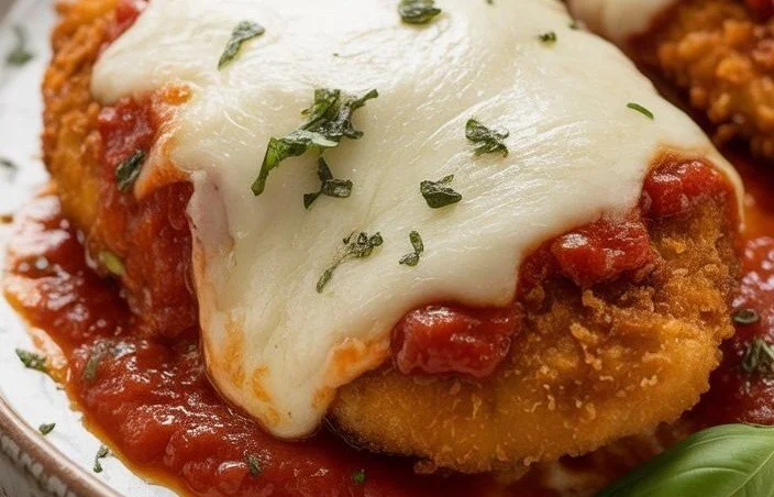 A plate of crispy Chicken Parmesan topped with marinara sauce and melted cheese