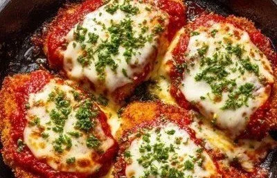 Delicious Chicken Parmesan served with pasta and marinara sauce