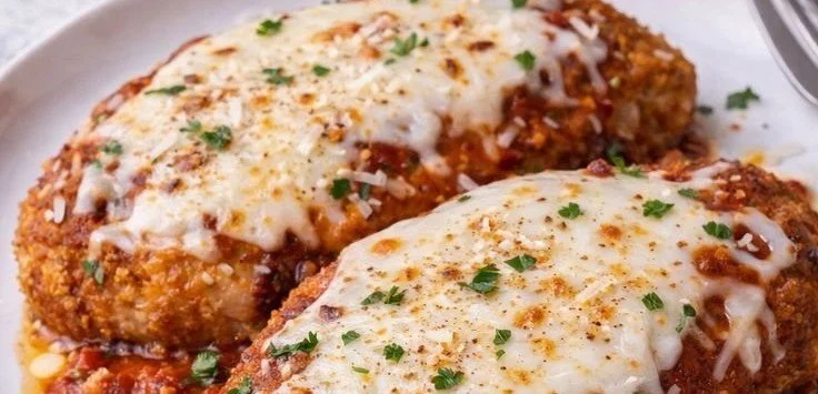 Delicious Chicken Parmesan topped with marinara sauce and melted cheese