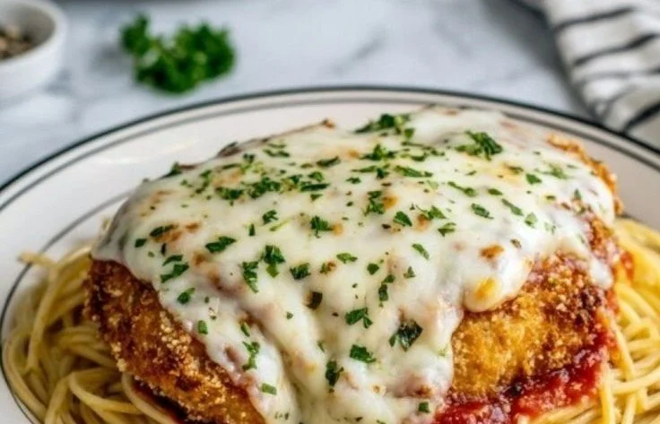 Deliciously plated Chicken Parmesan with melted cheese and fresh basil