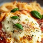 Delicious Chicken Parmesan served with marinara sauce and melted cheese
