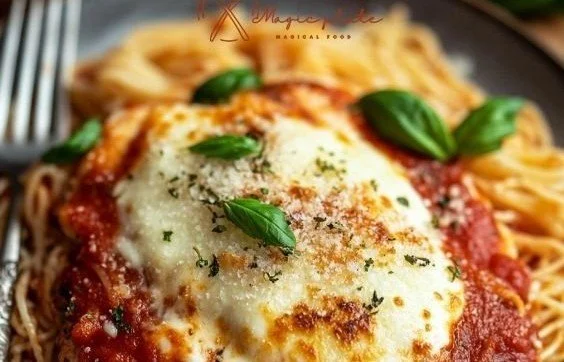 Delicious Chicken Parmesan served with marinara sauce and melted cheese