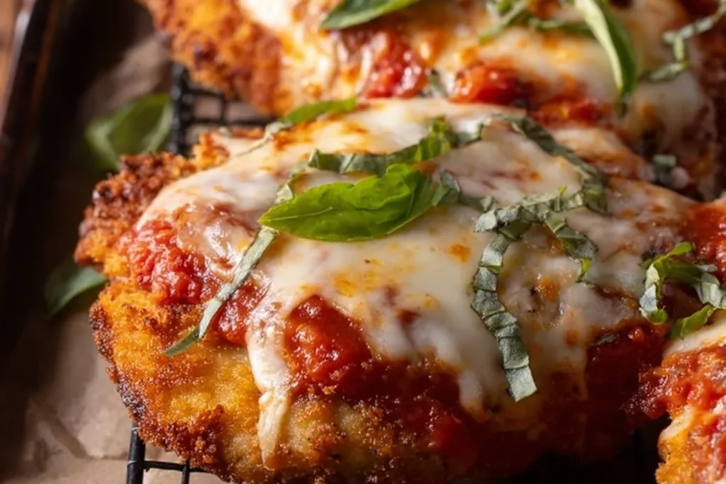 Delicious Chicken Parmesan with marinara sauce and melted cheese served on a plate.