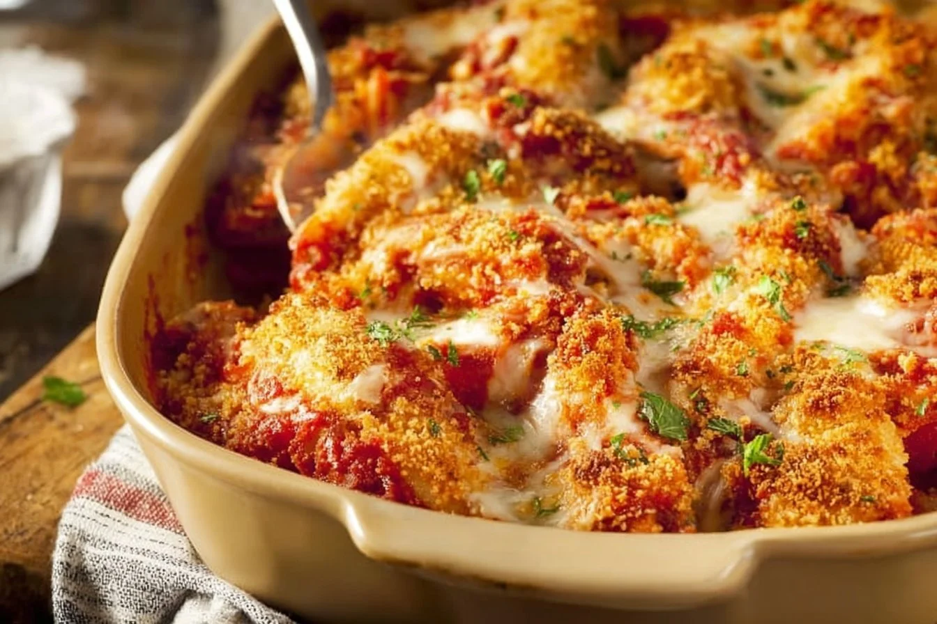 Delicious Chicken Parmesan Casserole served in a baking dish
