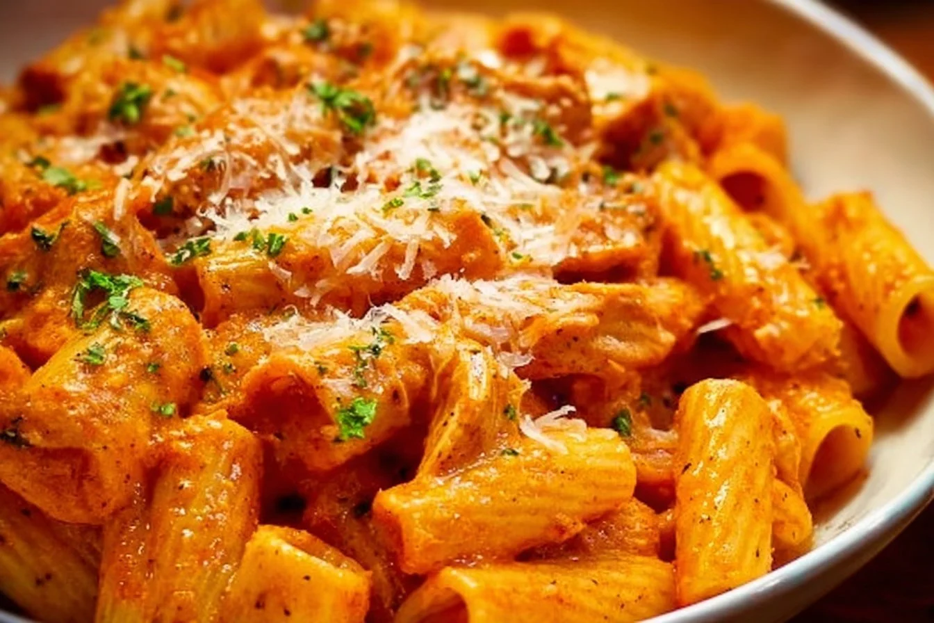 Delicious Chicken Parmesan Pasta served with basil and parmesan cheese