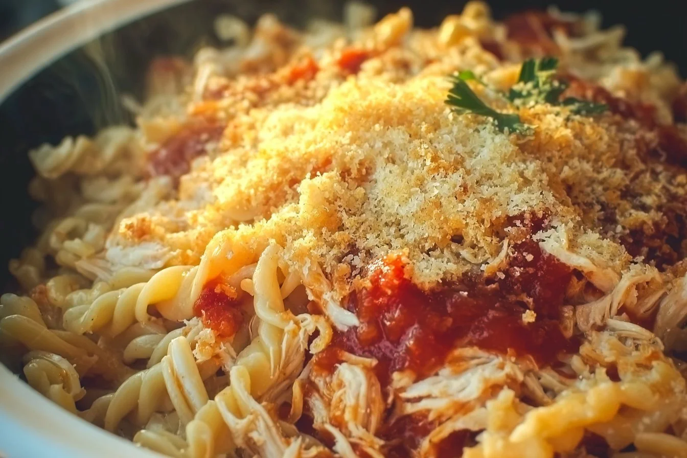Delicious Chicken Parmesan & Pasta Casserole baked to perfection