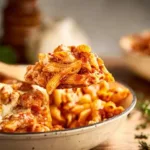 Delicious Chicken Parmesan Pasta Skillet served with fresh herbs and cheese