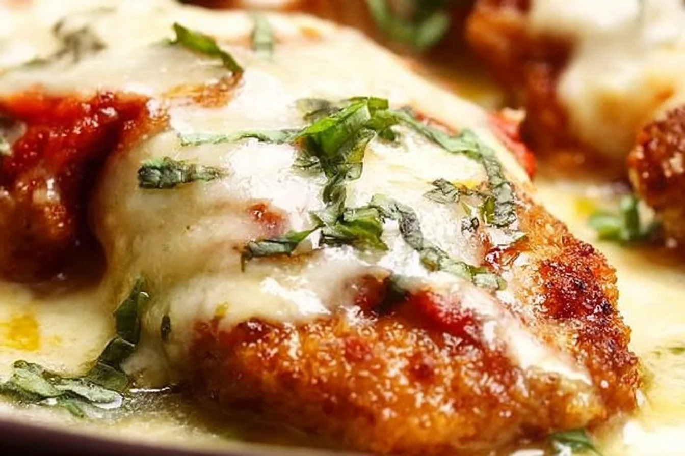 Delicious Chicken Parmigiana served with marinara sauce and mozzarella cheese