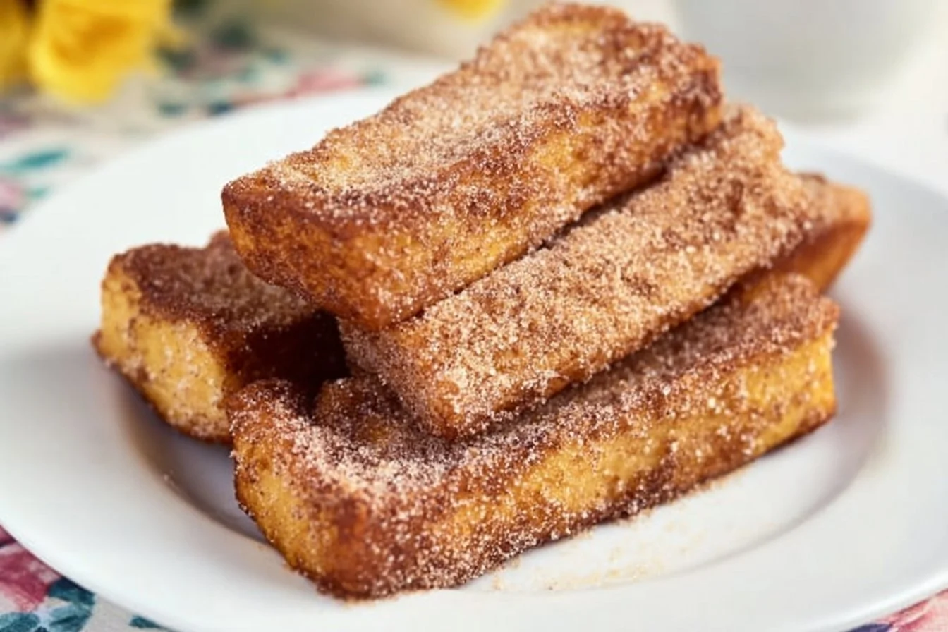 Delicious Cinnamon French Toast Sticks served with syrup and berries.