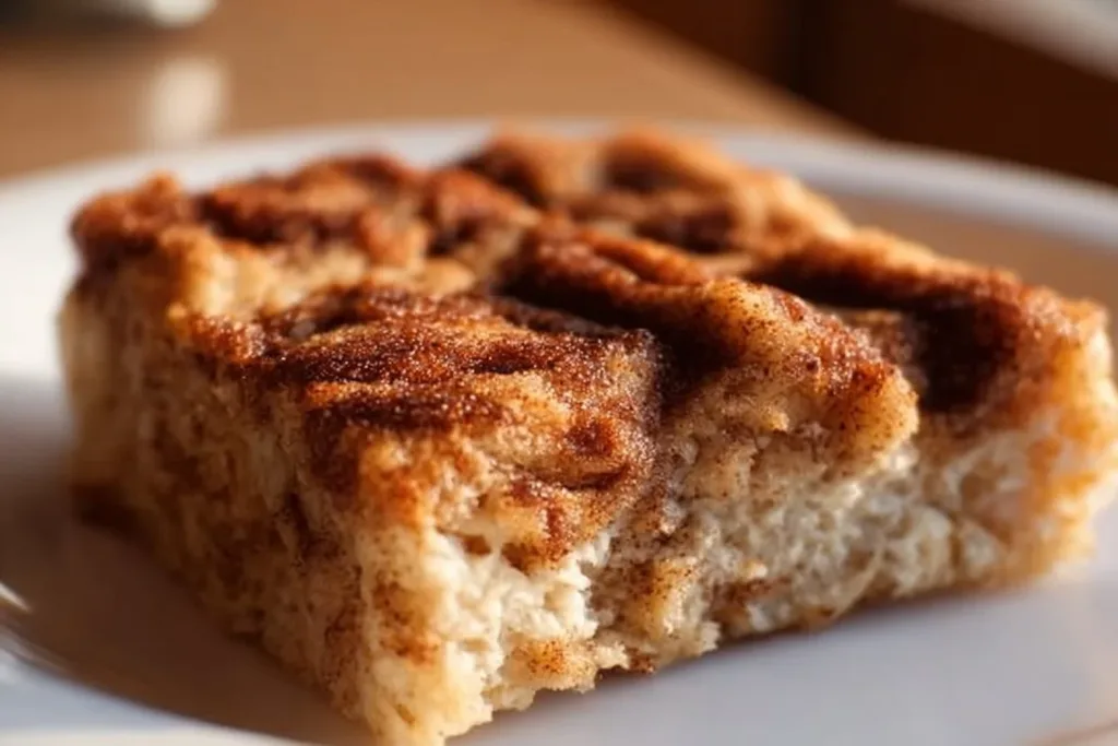 Cinnamon Roll Baked Oatmeal Squares in a baking dish topped with icing