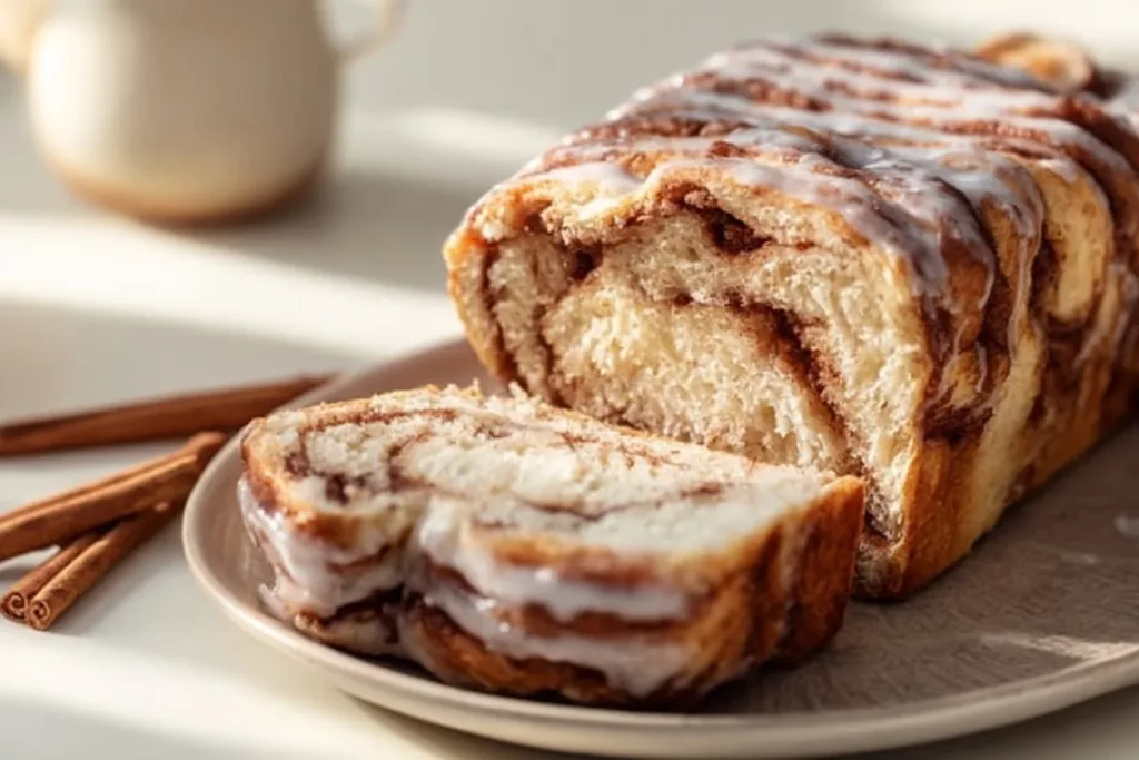 Cinnamon Roll Cottage Cheese Loaf fresh out of the oven, topped with icing.