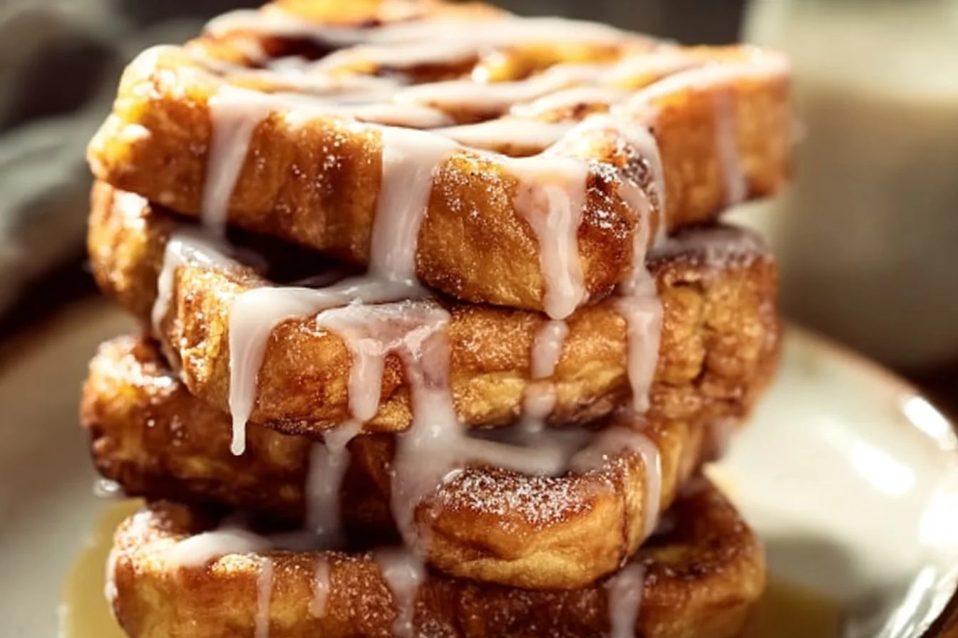 Delicious cinnamon roll French toast topped with icing and berries.