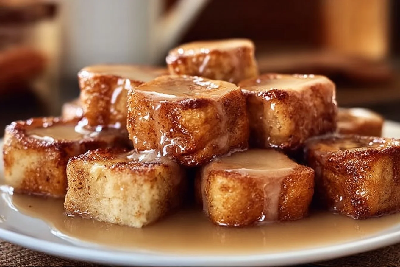 Cinnamon roll French toast bites drizzled with icing on a plate
