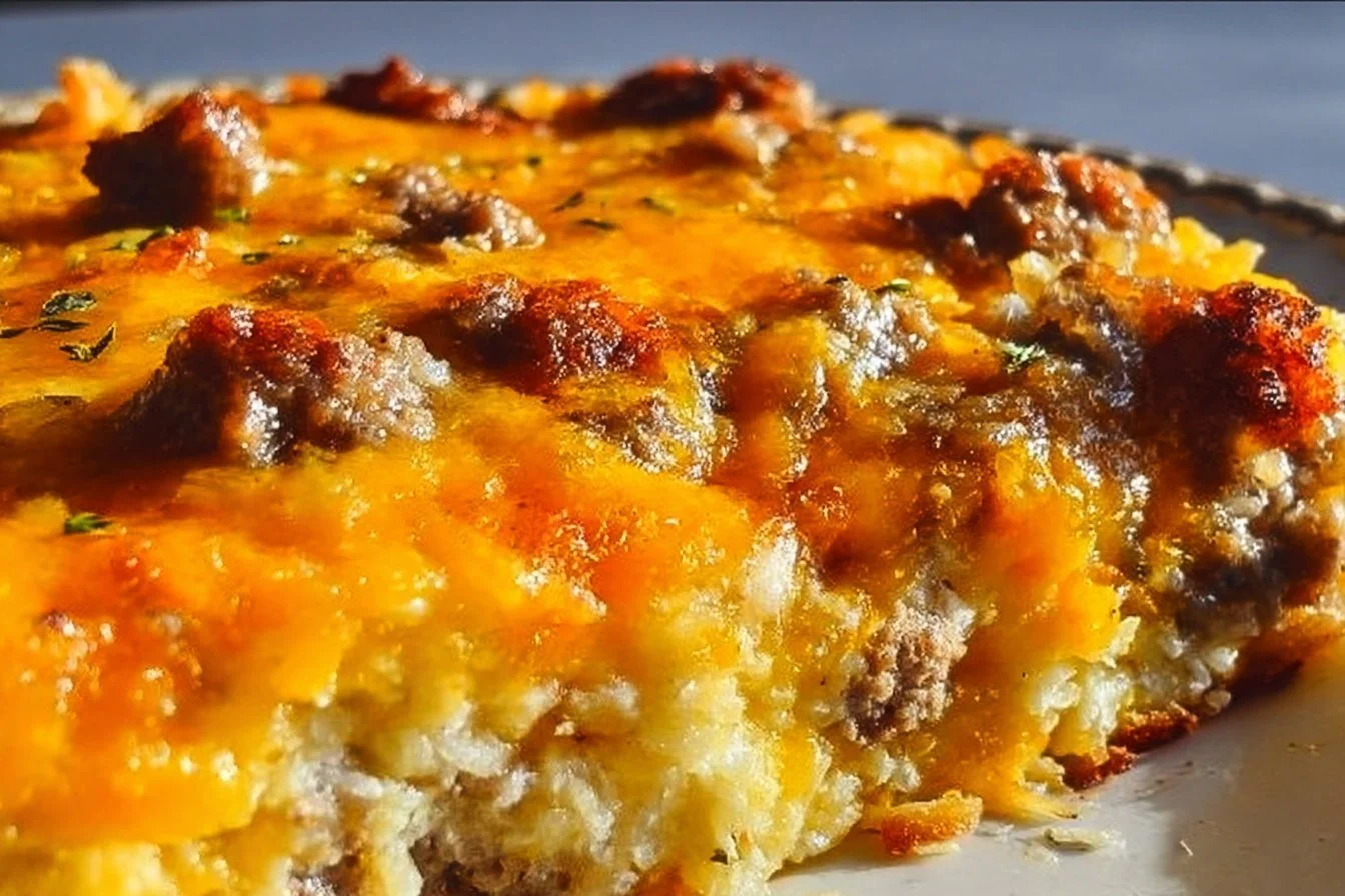 Classic Breakfast Hashbrown Casserole topped with cheese and herbs